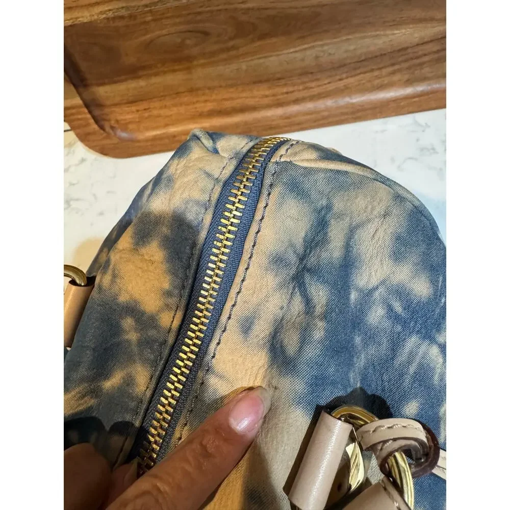 Michael Kors blue beige tie-dye Grayson satchel tan leather trim gold hardware